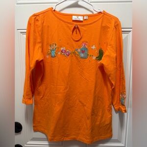 Quacker Factory Embroidered Keyhole 3/4 Sleeve Orange Top XS